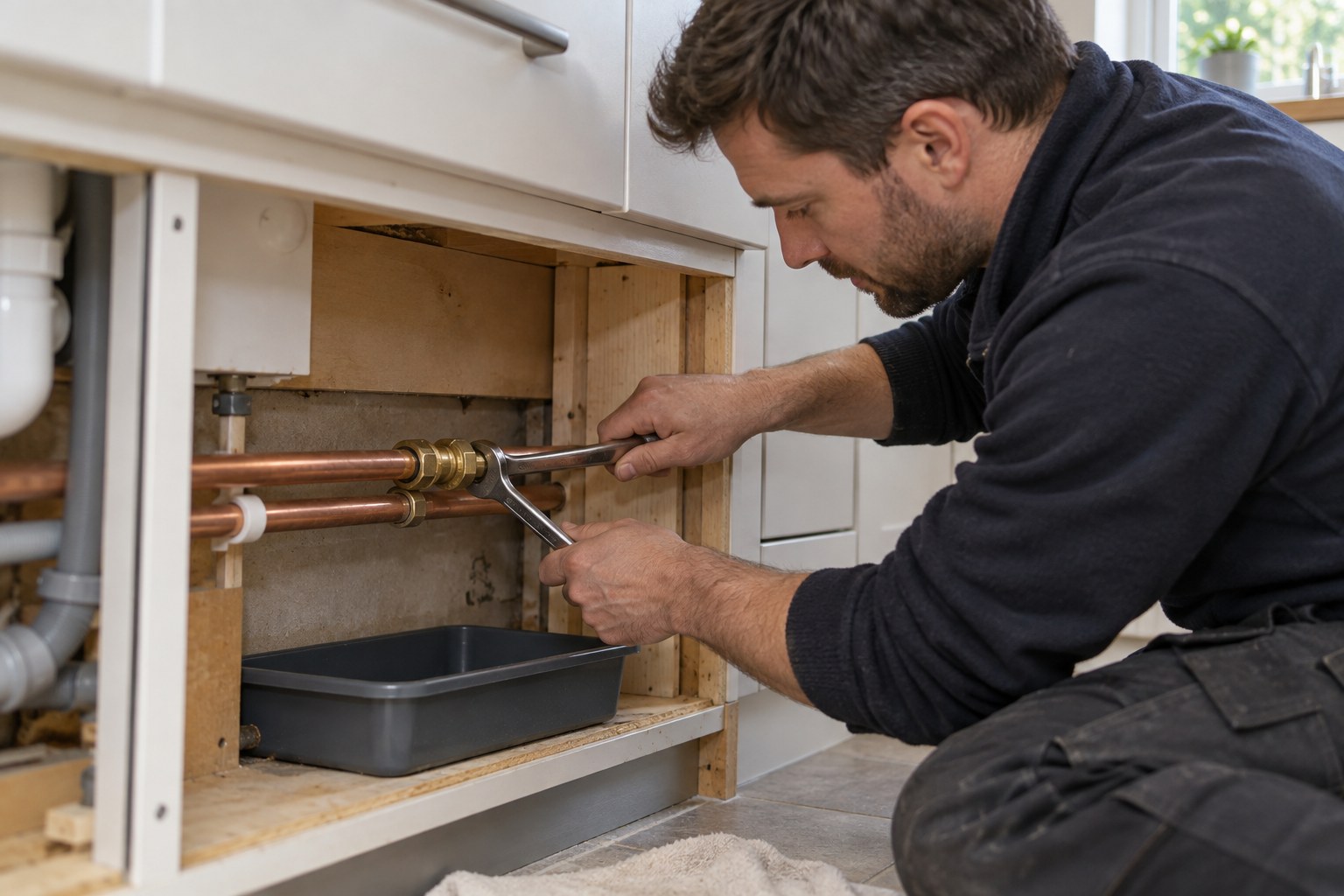 Plumber using two spanners on a brass coupling in copper pipework