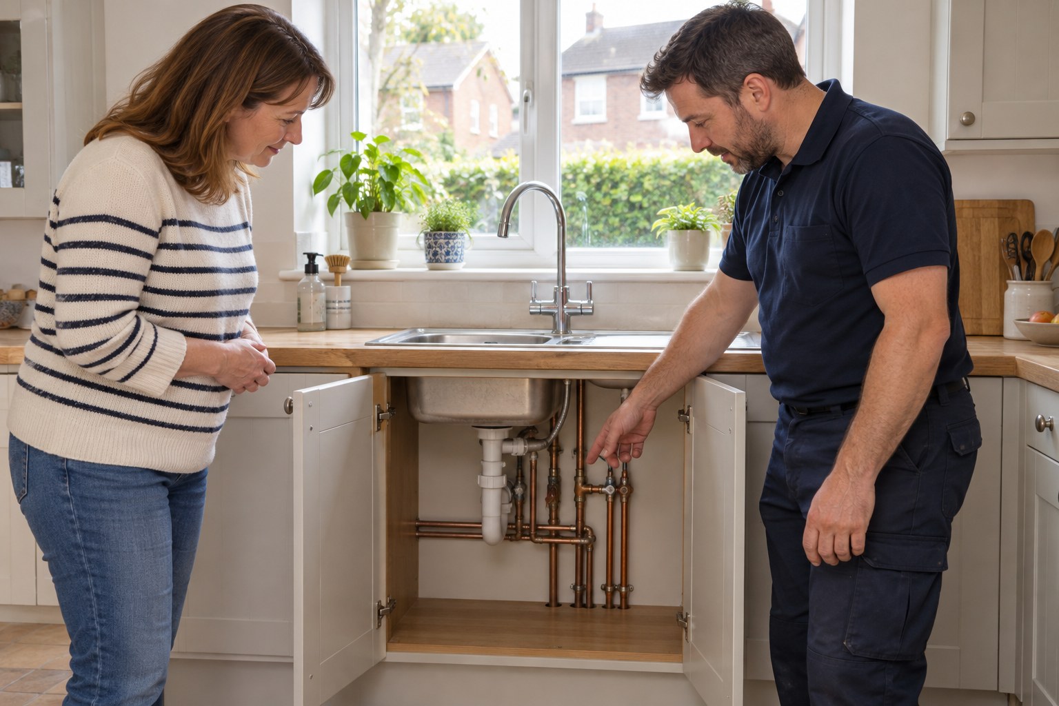 Homeowner and plumber discussing pipework beneath a kitchen sink