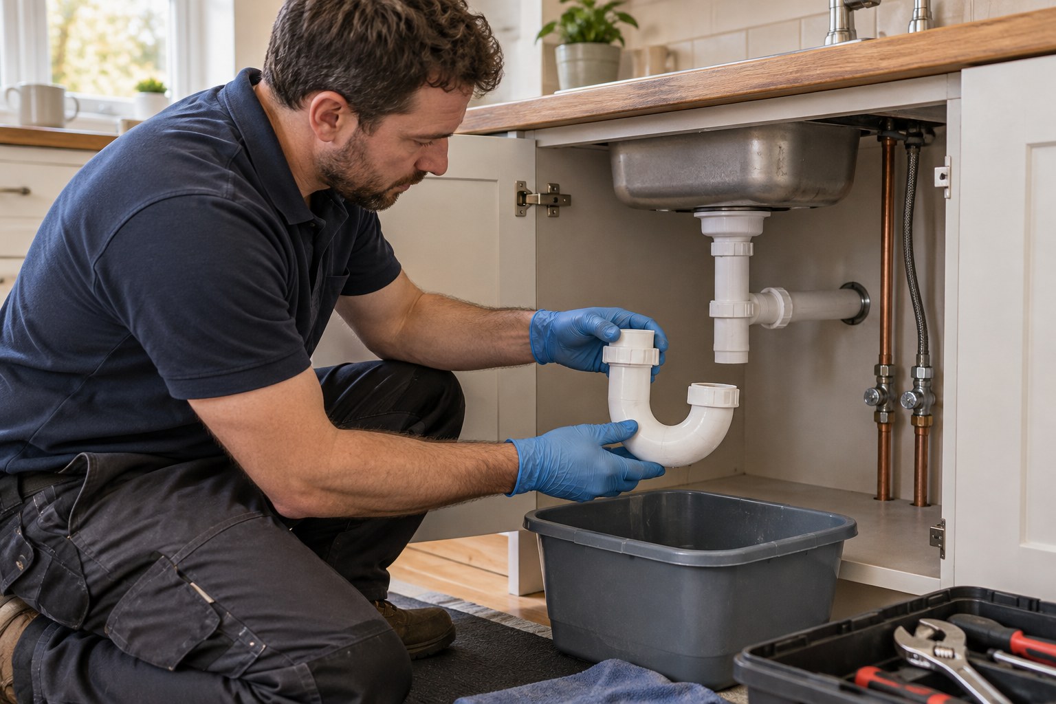 Plumber holding a removed sink trap over a bucket inside a kitchen cupboard
