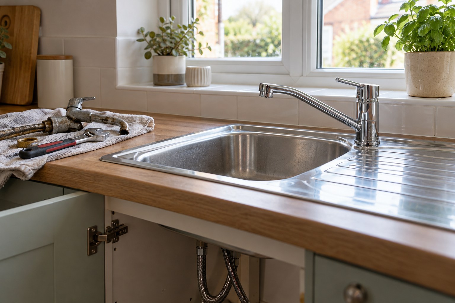 New chrome mixer tap fitted to a stainless-steel kitchen sink