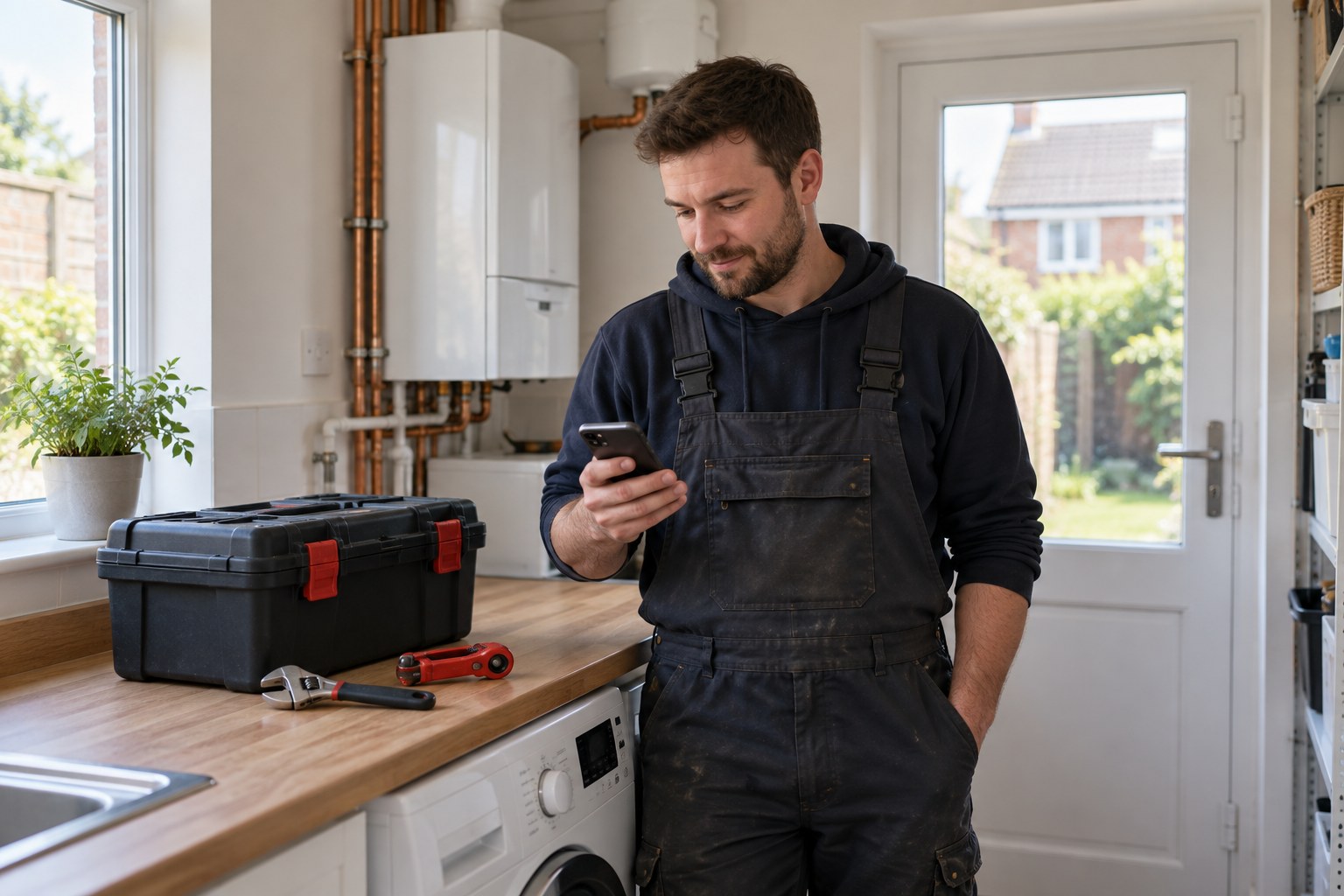 Plumber checking a mobile phone beside a toolbox in a utility room