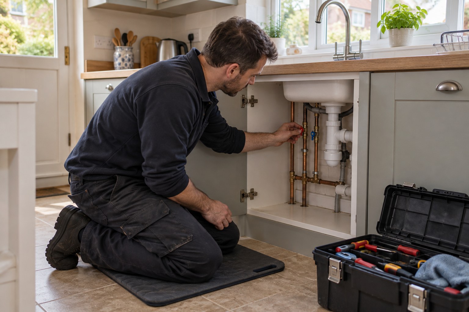 Plumber inspecting copper pipes inside an open kitchen sink cupboard
