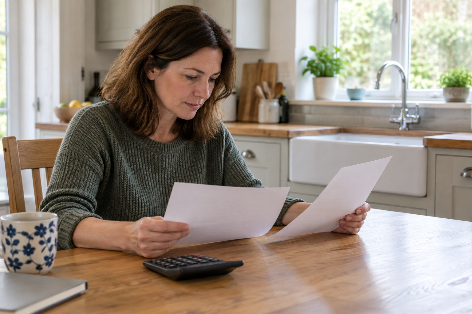 Homeowner comparing plumbing paperwork at a kitchen table