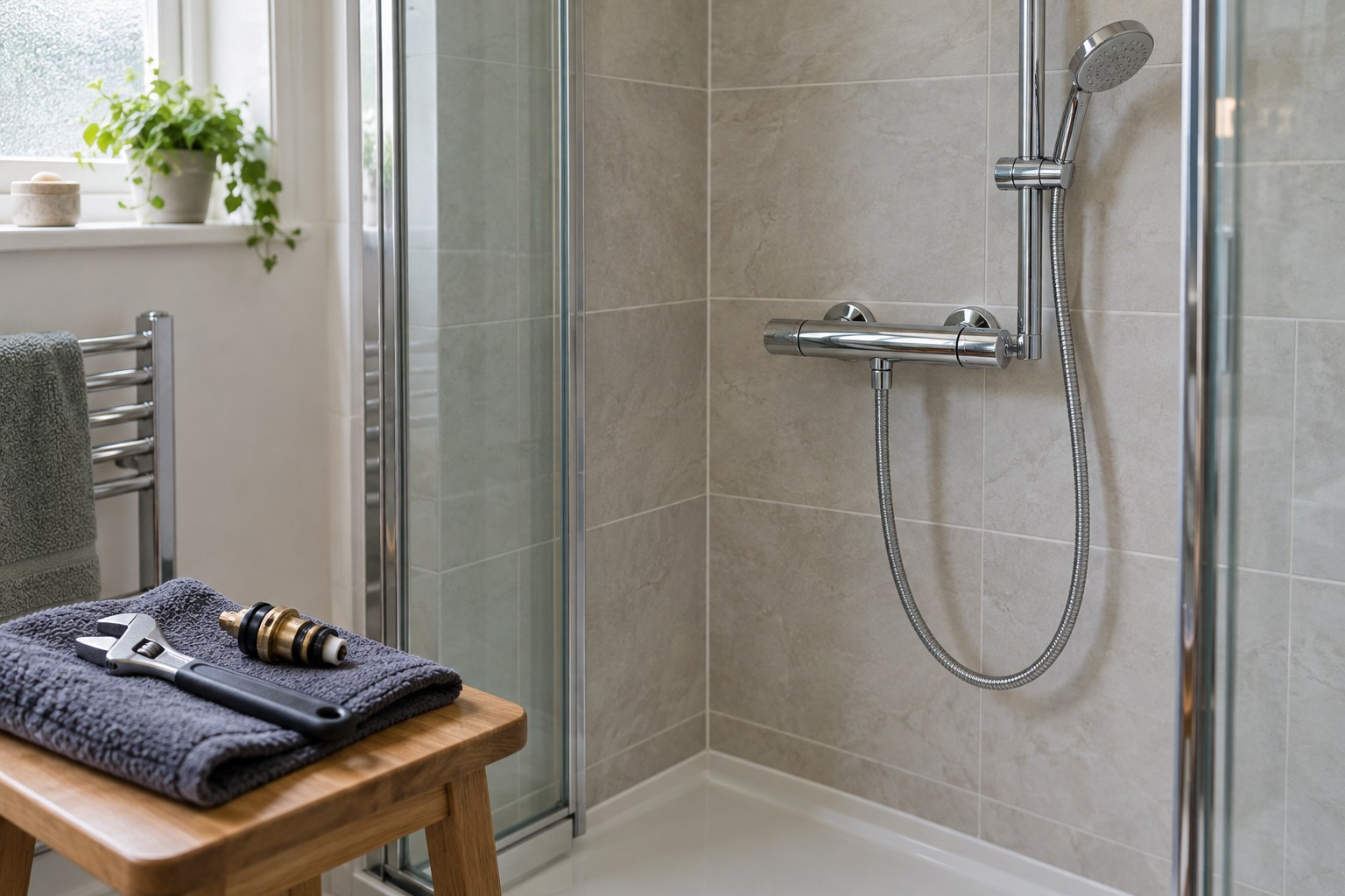 Chrome thermostatic bar shower with a hose and handset in a tiled enclosure