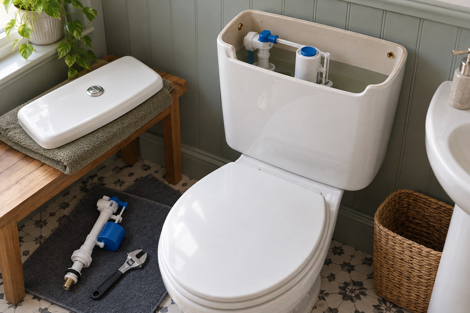 Open toilet cistern with fill and flush valves and replacement parts nearby